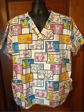 Happy Bunny Cartoon Print Scrub Top - Multicolor
